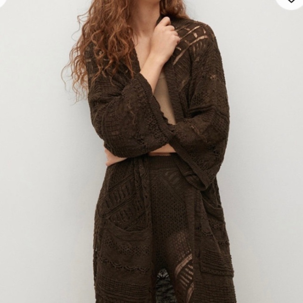 Mango Openwork Crochet Lace Long Cardigan Medium